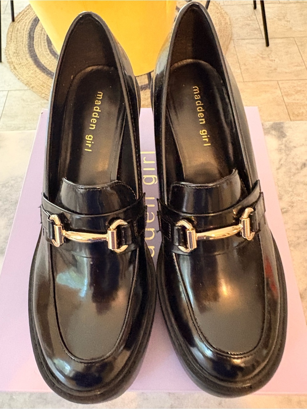 Madden Girl Black Patent Loafers with Gold Hardware